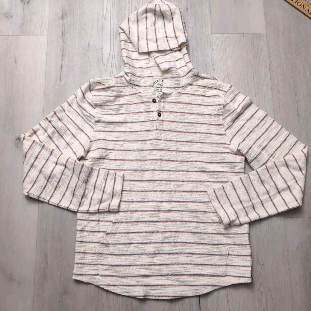 Lucky Brand Hoodie Mens Small Multicolor Stripe Hooded Henley Pouch